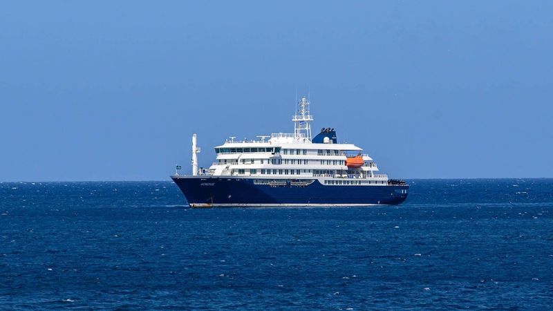 A general view of the cruise ship MV Hondius stationary off the port of Praia, the capital of Cape Verde, on May 3, 2026. An outbreak of 