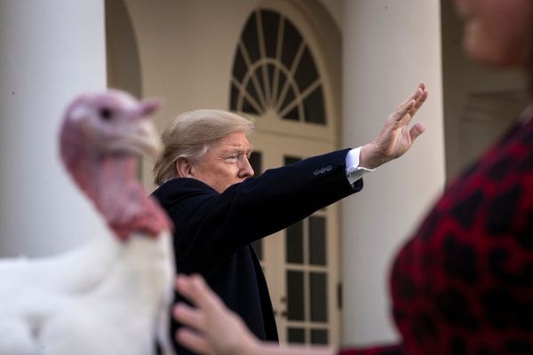 Een foto van Trump zwaaiend tijdens de kalkoenceremonie 2019