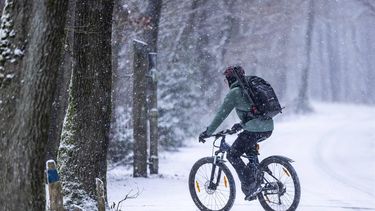 VIJLEN - Een fietser trotseert het winterse weer in de Vijlenerbossen. Zuid-Limburg is bedekt onder een laagje sneeuw van enkele centimeters. ANP MARCEL VAN HOORN