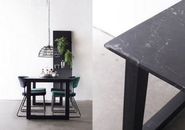 Twee foto's van zwarte marmeren tafels