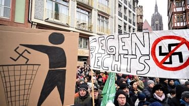 Demonstrators hold placards with a swastika being dumped and another one being barred during a demonstration against racism and far right politics in Frankfurt am Main, western Germany on January 20, 2024. Revelations that members of Germany's far-right AfD discussed mass deportation plans have pushed tens of thousands of people to protest and sparked a debate on whether the anti-immigrant party should be banned. From Cologne to Leipzig to Nuremberg, Germans across the country have poured into the streets over the last week, with another 100 demonstrations expected through the weekend.
Kirill KUDRYAVTSEV / AFP
