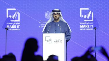 epa12931194 Sultan Ahmed Al Jaber, UAE Minister of Industry and Advanced Technology, ADNOC Managing Director and Group CEO, and Chairman of Masdar, delivers a speech during the Make it in the Emirates Conference and Exhibition in Abu Dhabi, United Arab Emirates, 04 May 2026. The 5th edition of Make it in the Emirates runs until 07 May 2026 and features more than 1,100 exhibitors and over 5,000 products on display.  EPA/ALI HAIDER