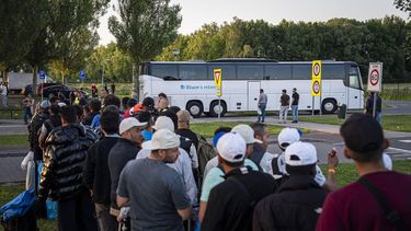 TER APEL - Asielzoekers worden bij het aanmeldcentrum, waar de opvanglocatie overvol is, opgehaald om de nacht door te brengen in Groningen. Het Rode Kruis plaatste overdag extra tenten op het grasveld als beschutting tegen de zon. De tenten waren niet bedoeld om onder te slapen. JASPAR MOULIJN / ANP