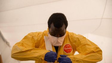 Local healthcare workers take part in an accelerated training session at the Scott Powell Memorial Ebola Treatment Center on the use of single-use personal protective equipment, including procedures for putting on and removing protective gear as well as safety measures required when caring for Ebola virus disease patients or during safe and dignified burial operations in Bunia, Democratic Republic of Congo, on June 11, 2026. Built by Samaritan's Purse International Relief, the centre was officially inaugurated in the presence of local authorities, humanitarian partners and health sector stakeholders to strengthen patient care and the response to Ebola virus disease. 
Jospin Mwisha / AFP