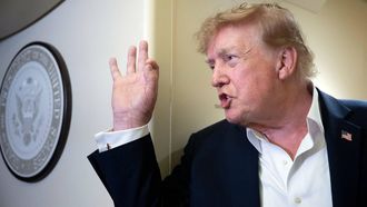 US President Donald Trump speaks to the press aboard Air Force One while flying to Joint Base Andrews, Maryland from Ireland on September 13, 2026.
 Trump is returning from Ireland where he attended the Irish Open golf tournament at his family's course in Doonbeg over the weekend.
Brendan Smialowski / AFP