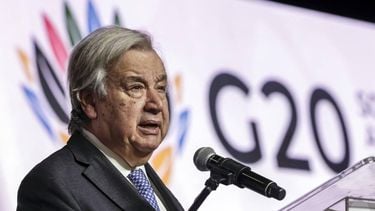 UN Secretary General Antonio Guterres speaks during a press conference at the Nasrec Expo Centre in Johannesburg on November 21, 2025, ahead of the G20 Leaders' Summit. 
GIANLUIGI GUERCIA / AFP