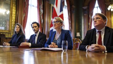 epa12865978 British Foreign Secretary Yvette Cooper (2nd R) gives her opening remarks as she hosts a virtual meeting with the foreign ministers of the signatory countries on securing the Strait of Hormuz in London, Britain, 02 April 2026.The British government convened 35 countries to explore ways to reopen and secure the strait of Hormuz, which the vital shipping route for oil and gas that has been blocked by Iran since the beginning of the conflict in the Middle East.  EPA/TOLGA AKMEN / POOL
