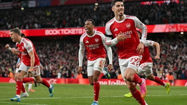 Arsenal's German midfielder #29 Kai Havertz celebrates scoring the opening goal during the English Premier League football match between Arsenal and Burnley at the Emirates Stadium in London on May 18, 2026.  
Glyn KIRK / AFP