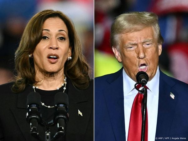 (COMBO) This combination of pictures created on October 30, 2024 shows US Vice President and Democratic presidential candidate Kamala Harris (L) speaking during a Get Out the Vote rally at the Pennsylvania Farm Show Complex & Expo Center in Harrisburg, Pennsylvania, on October 30, 2024 and former US President and Republican presidential candidate Donald Trump speaking at a campaign rally at the PPL Center in Allentown, Pennsylvania, on October 29, 2024. 

ANGELA WEISS / AFP