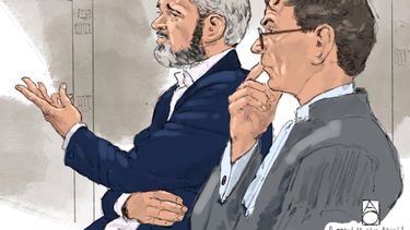 DEN HAAG - Rechtbanktekening van Anne Romke van der H. en zijn advocaat Tinco Delhaye (R) tijdens een inhoudelijke behandeling in de rechtbank. Justitie verdenkt Van der H. van het voorbereiden van een aanslag op prinses Amalia en prinses Alexia in februari 2026 in Den Haag. ALOYS OOSTERWIJK / ANP