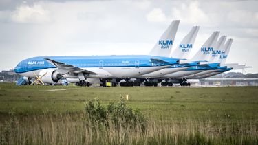 Een foto van geparkeerde KLM-vliegtuigen bij Schiphol