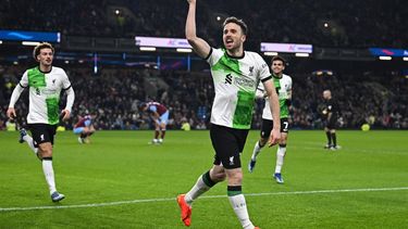 Liverpool's Portuguese striker #20 Diogo Jota celebrates after scoring their second goal during the English Premier League football match between Burnley and Liverpool at Turf Moor in Burnley, north-west England on December 26, 2023. 
Paul ELLIS / AFP
