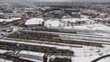 UTRECHT - Dronefoto van treinstellen op een opstelterrein van Prorail in Utrecht. Vanwege het aanhoudende winterse weer, heeft de NS de dienstregeling aangepast en rijden er minder treinen. ROBIN VAN LONKHUIJSEN / ANP