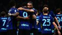 Inter Milan's French forward #9 Marcus Thuram celebrates with teammates after scoring his team's first goal during the Italian Serie A football match between Inter Milan and Parma at San Siro stadium in Milan, on May 3, 2026. 
Marco BERTORELLO / AFP