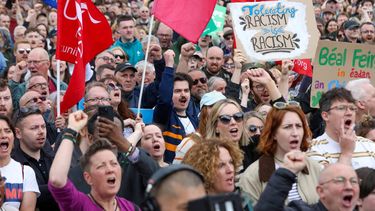 People turn out for a demonstration against racism and call for calm in central Belfast, Northern Ireland on June 13, 2026, after a few nights of disorder hit the city when video of a knife attack on June 8 went viral across social media platforms. Thousands of people on June 13 gathered for an anti-racism rally in the Northern Irish city of Belfast after unrest sparked by a horrific stabbing.
Paul Faith / AFP