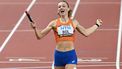 Netherlands' Femke Bol reacts as she crosses the finish line with the baton to win the women's 4x400m relay final during the World Athletics Championships at the National Athletics Centre in Budapest on August 27, 2023. 
Attila KISBENEDEK / AFP